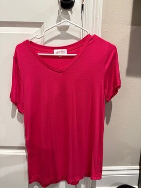 V-Neck Short Sleeve Tee in Bright Pink - Women's Casual Top